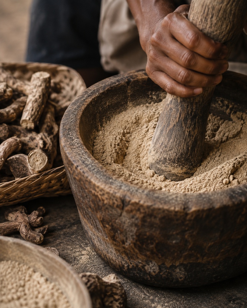 Kava root being milled