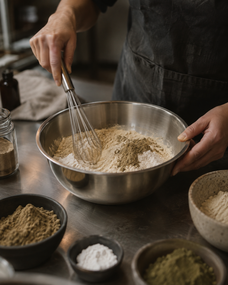 Milled kava being blended for Rooted pouches