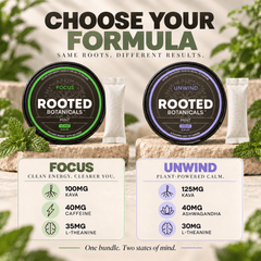 Rooted DAY + NIGHT kava pouches, FOCUS for the day and UNWIND for the evening