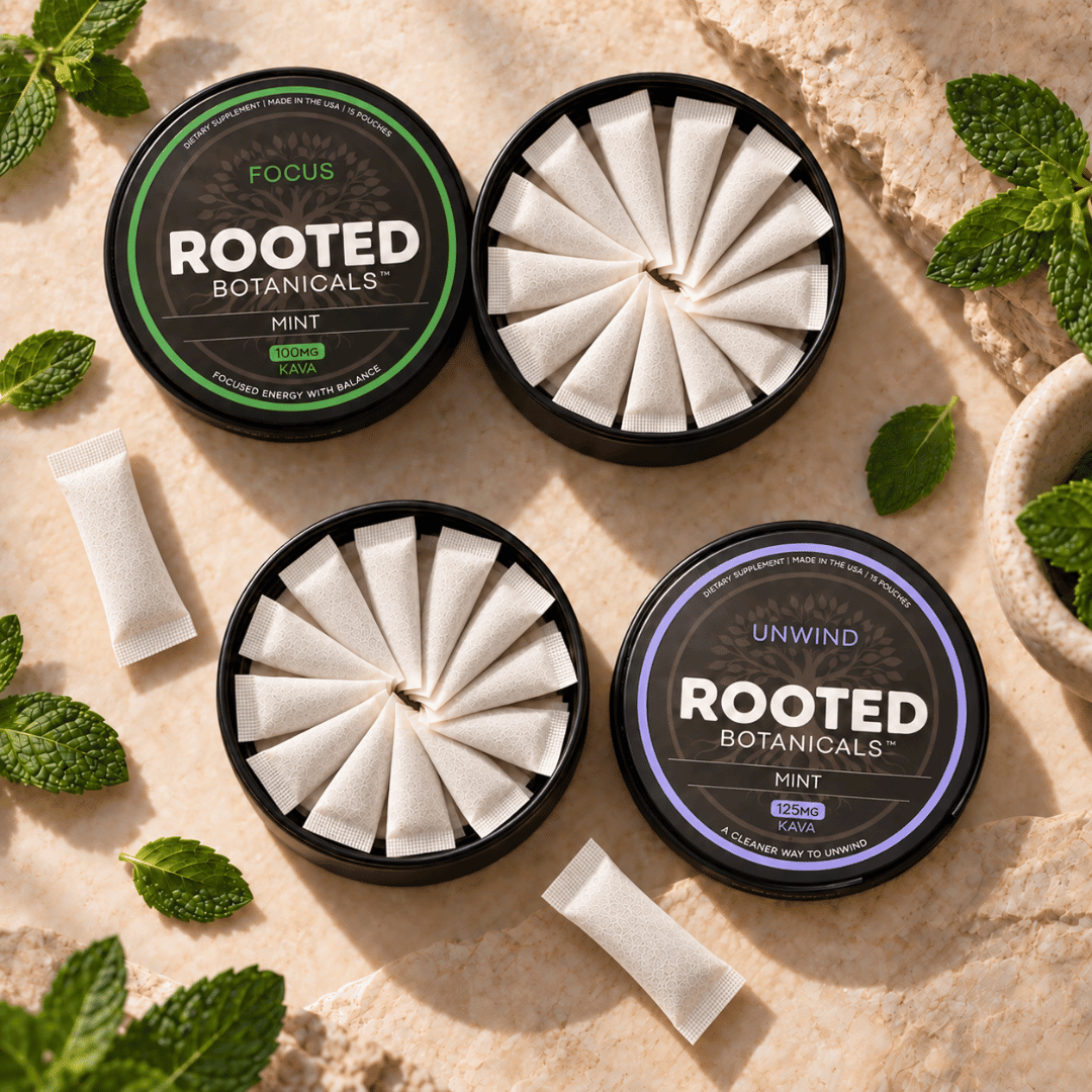 Rooted FOCUS and UNWIND kava pouch tins together as the DAY + NIGHT combo