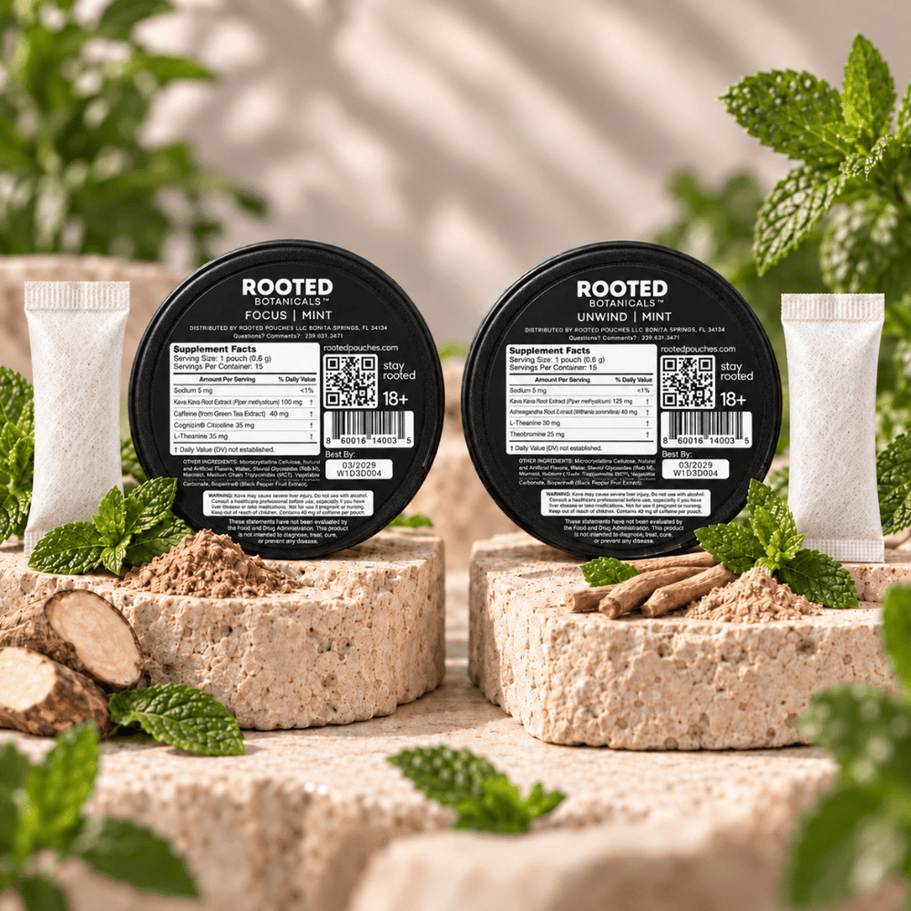 Rooted FOCUS and UNWIND tin labels with every active and dose printed