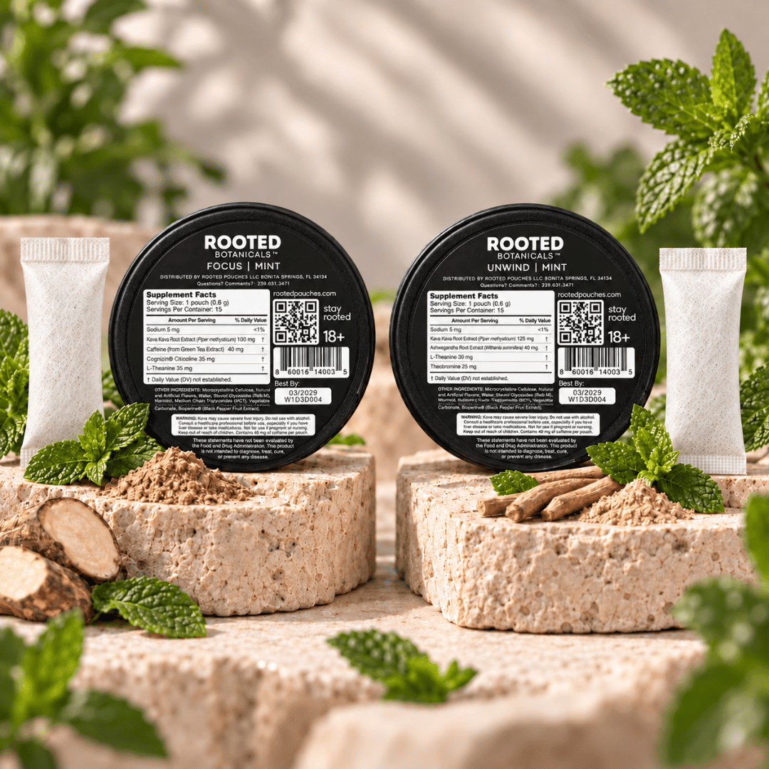 Rooted FOCUS and UNWIND tin labels with every active and dose printed