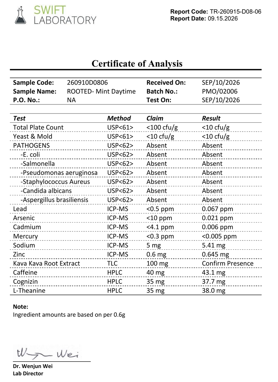 Rooted FOCUS kava pouches lab report certificate of analysis