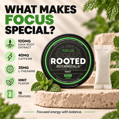 Rooted FOCUS kava pouches in Mint for clean and calm daytime energy