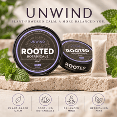 Rooted UNWIND Mint kava pouch tin, made in the USA